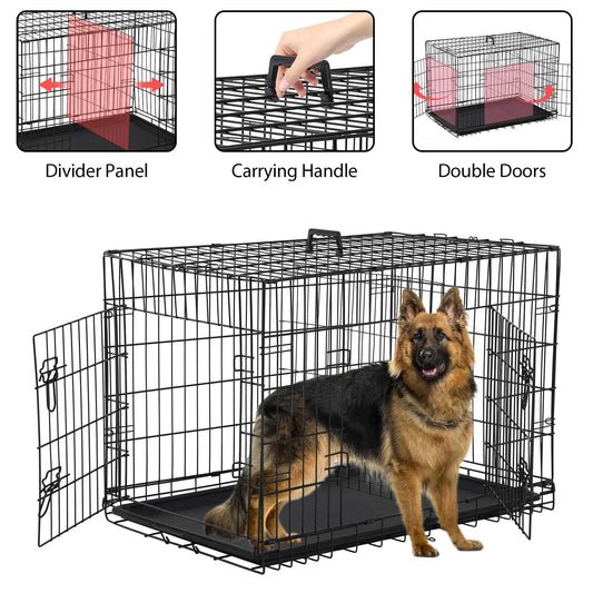 24 Inch Dog Crate, Dog Kennel Dog Crate Folding Metal Dog Crate with Double-Door,Divider Panel, Removable Tray and Handle Pet Dog Cages for Small Dogs Indoor Outdoor, Black